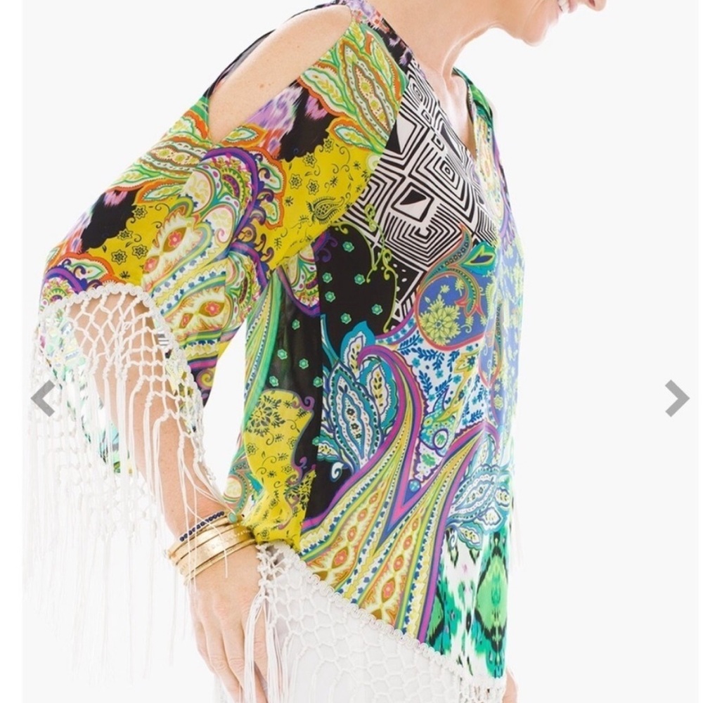 Chicos Colorful Paisley Fringe Top - Picture 2 of 15